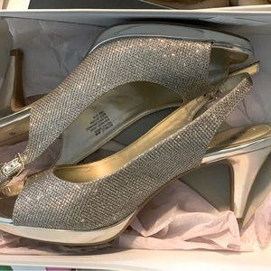 Silver mesh evening/wedding open toes shoes small platform sole, only used once.
